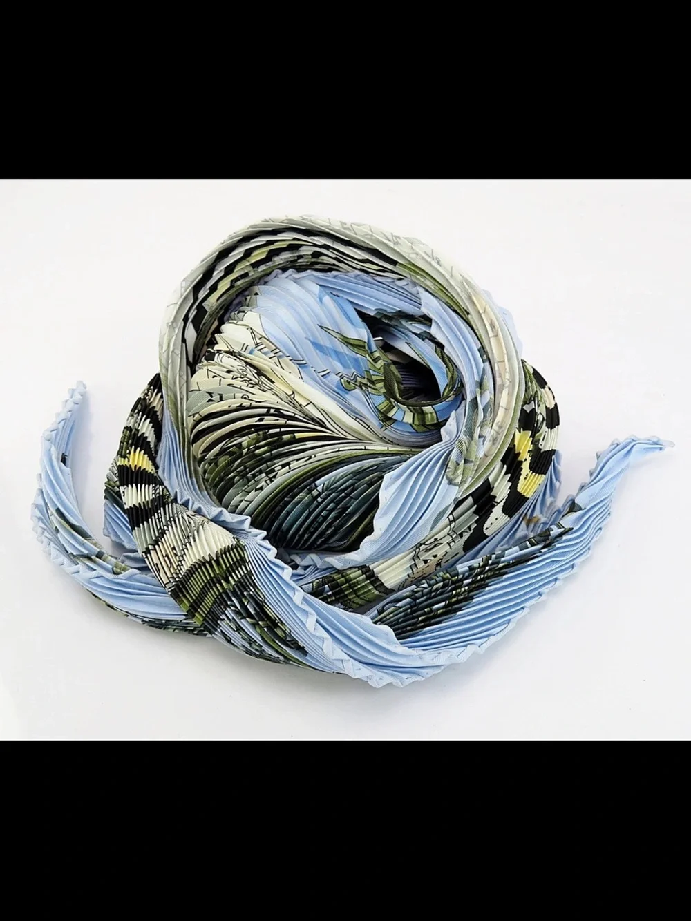 Hermes Pleated Silk Scarf in Sky Blue and Olive